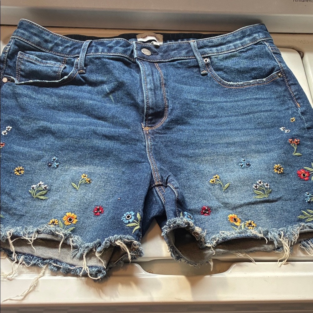 DRIFTWOOD Blue Embroidered Floral Denim Shorts